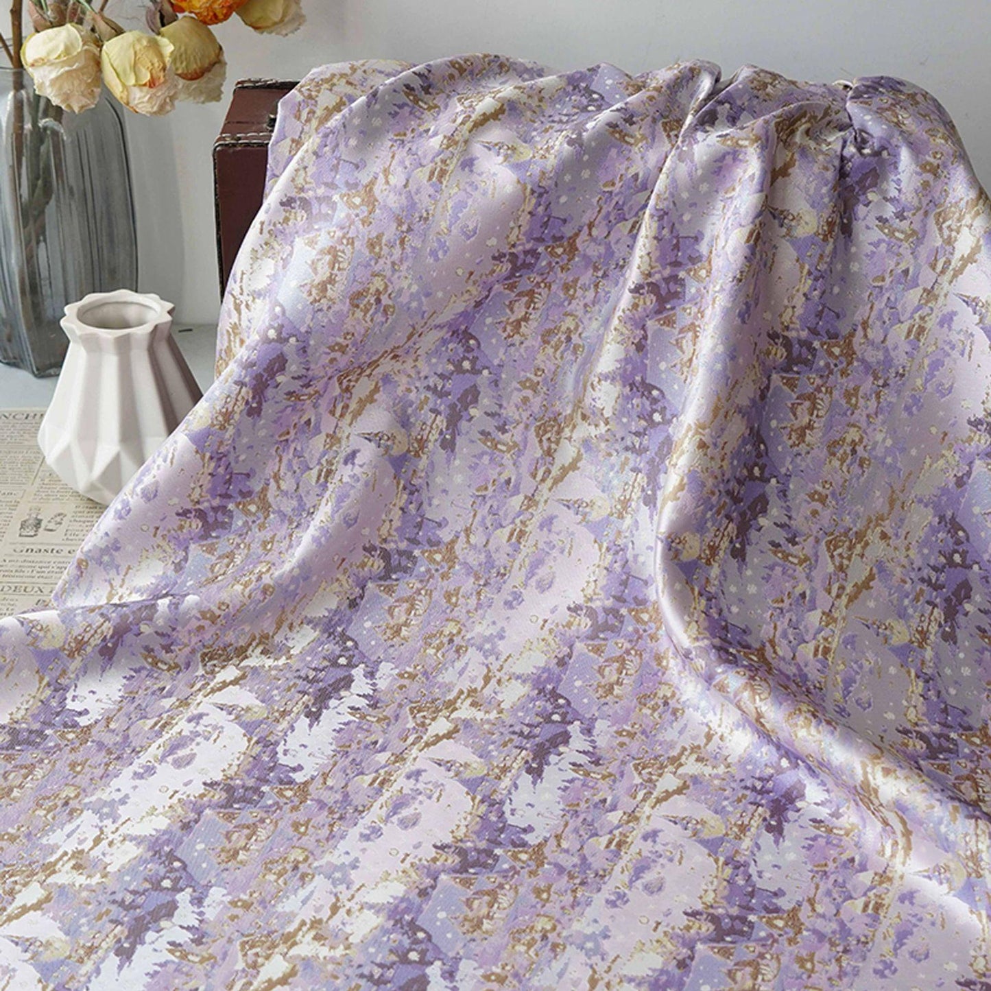 Romantic Gold Metallic Jacquard Brocade Fabric, Lavender Floral Woven Satin Textile for Dress, Qipao, Bridal and Sewing Projects, 59"Wide