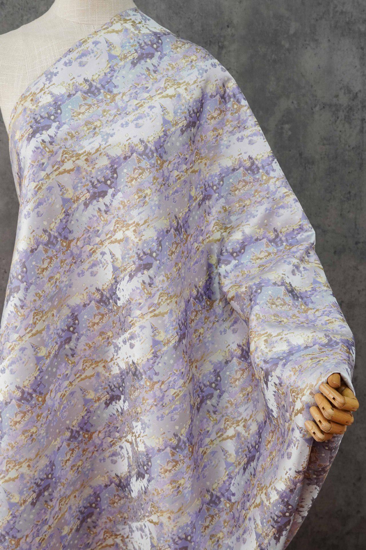 Romantic Gold Metallic Jacquard Brocade Fabric, Lavender Floral Woven Satin Textile for Dress, Qipao, Bridal and Sewing Projects, 59"Wide