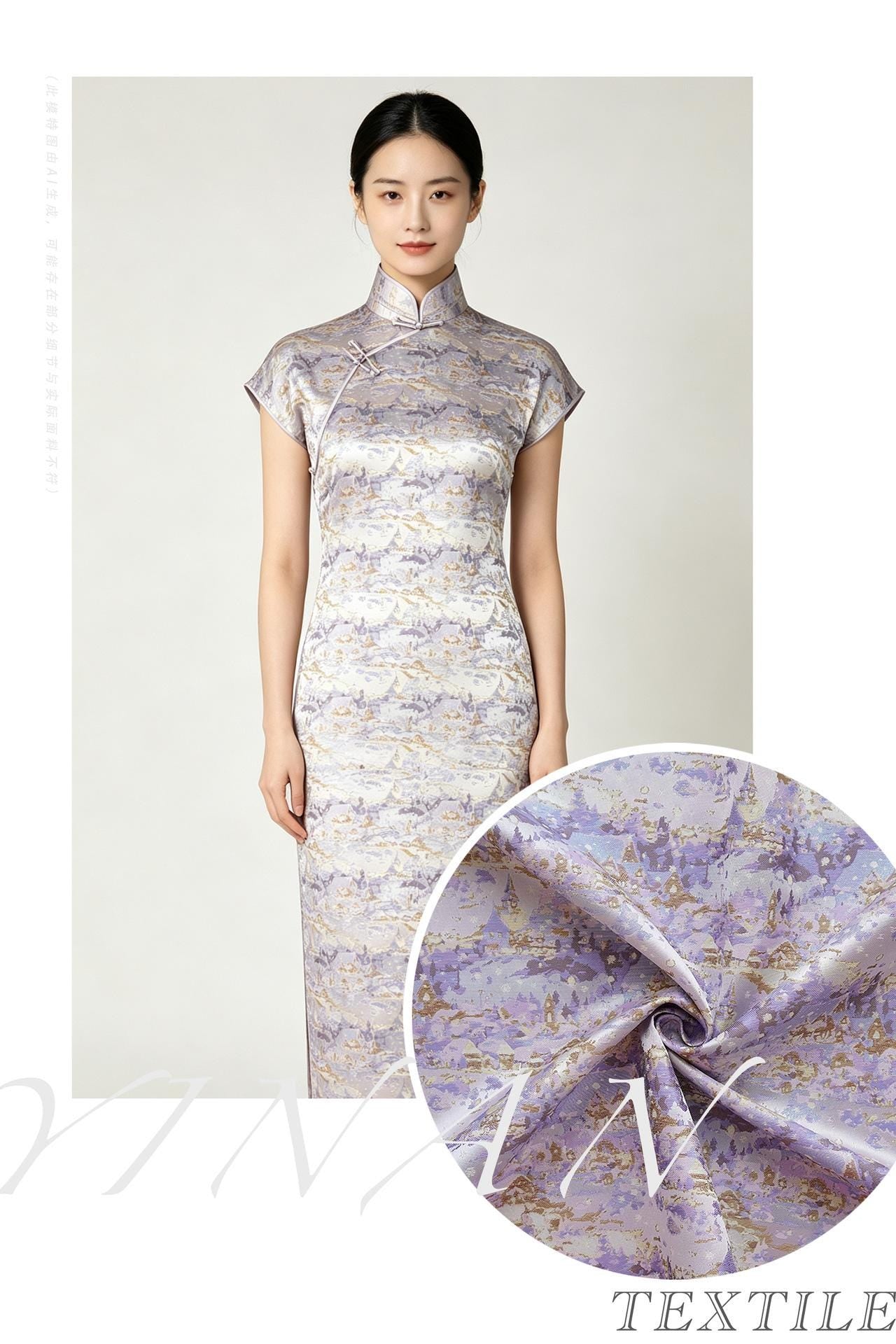 Romantic Gold Metallic Jacquard Brocade Fabric, Lavender Floral Woven Satin Textile for Dress, Qipao, Bridal and Sewing Projects, 59"Wide