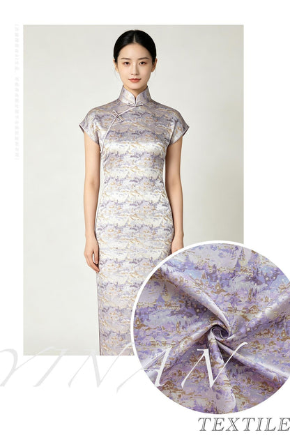 Romantic Gold Metallic Jacquard Brocade Fabric, Lavender Floral Woven Satin Textile for Dress, Qipao, Bridal and Sewing Projects, 59"Wide