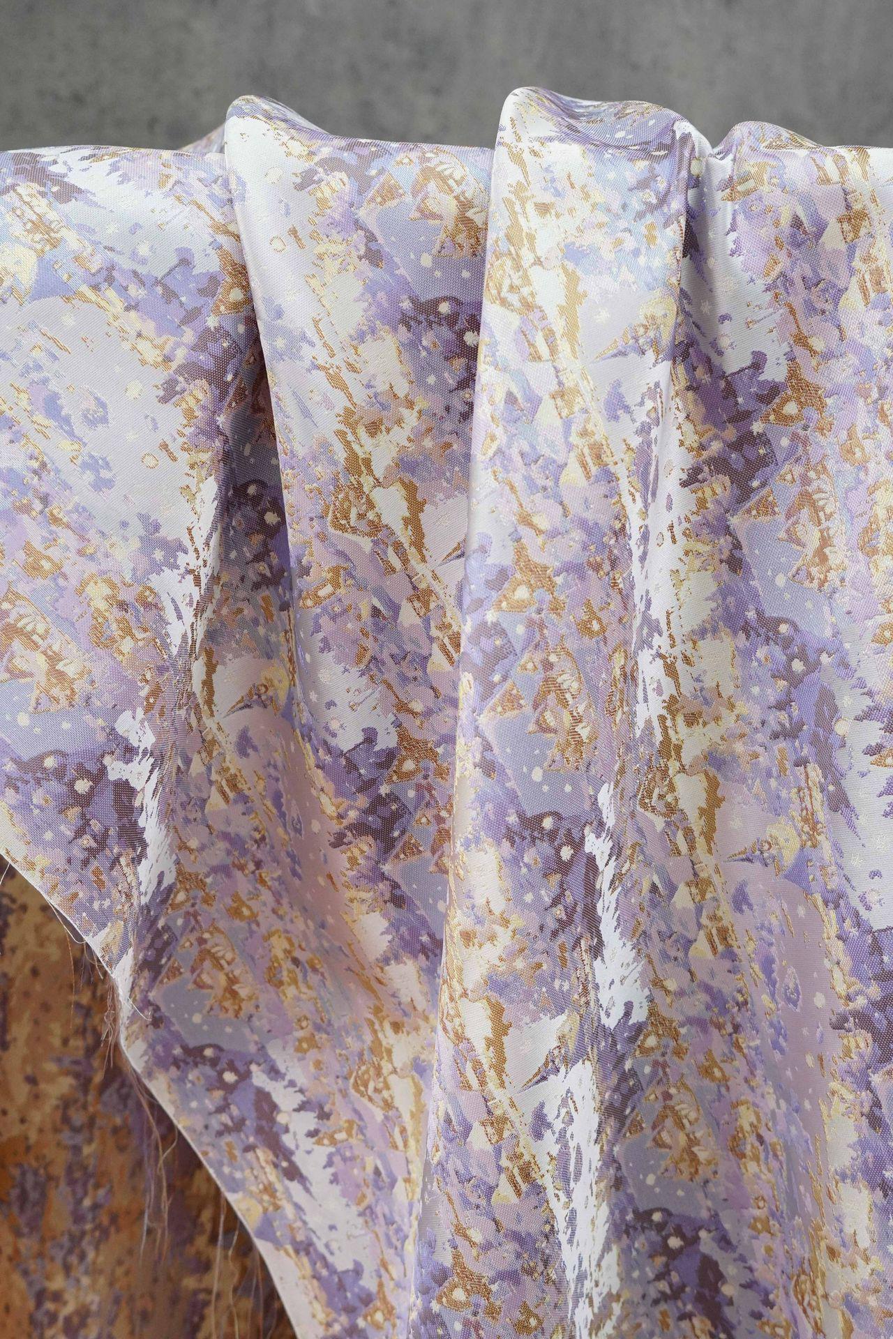 Romantic Gold Metallic Jacquard Brocade Fabric, Lavender Floral Woven Satin Textile for Dress, Qipao, Bridal and Sewing Projects, 59"Wide