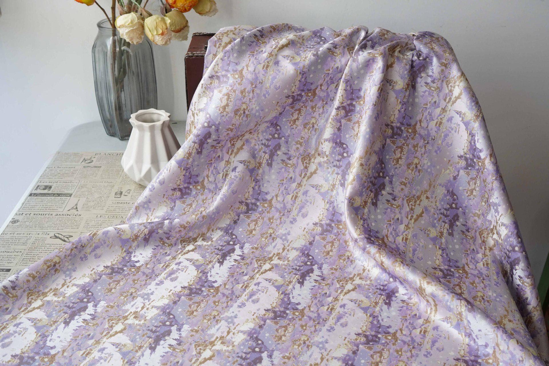 Romantic Gold Metallic Jacquard Brocade Fabric, Lavender Floral Woven Satin Textile for Dress, Qipao, Bridal and Sewing Projects, 59"Wide