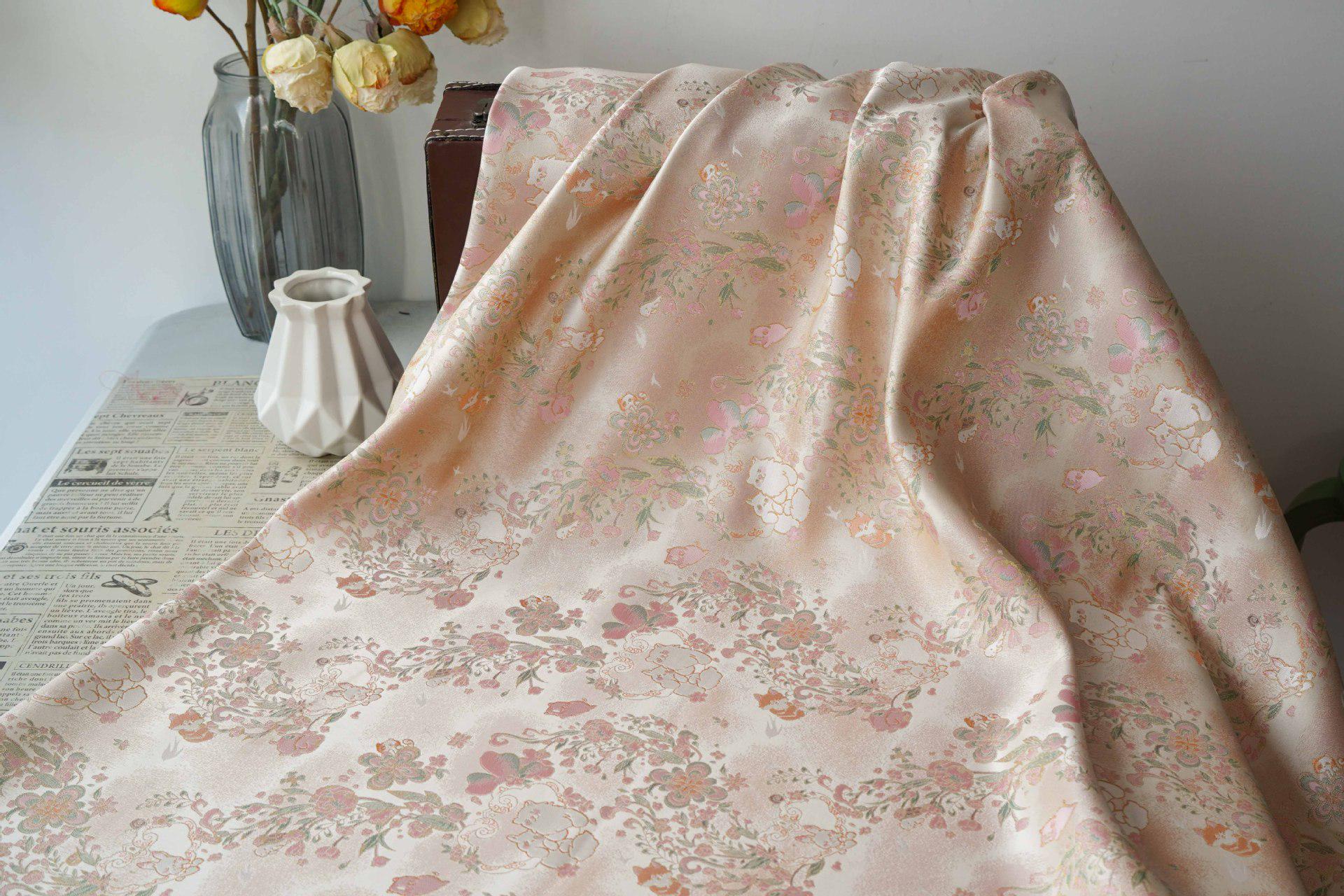 Cute Animal Spring Song Brocade Fabric, Chinese Style Gold Metallic Jacquard Textile, Floral Woven Fabric for Dress, Qipao and Sewing