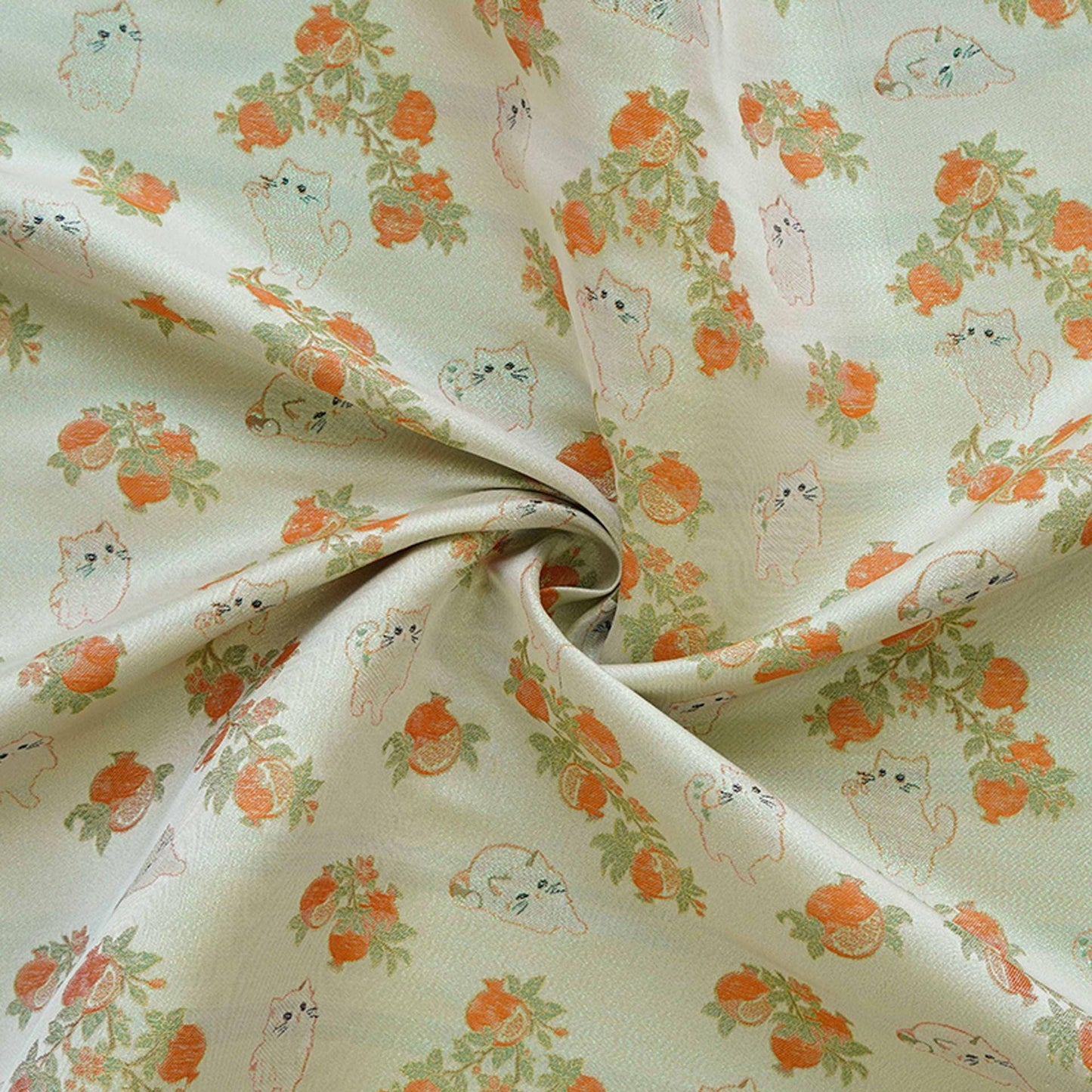 Pomegranate Cat Jacquard Fabric | Gold Thread Botanical Animal Woven Textile | Cute Cotton Dress Fabric By Yard, 59" Wide