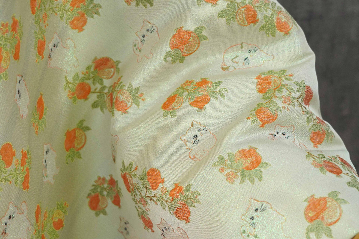 Pomegranate Cat Jacquard Fabric | Gold Thread Botanical Animal Woven Textile | Cute Cotton Dress Fabric By Yard, 59" Wide