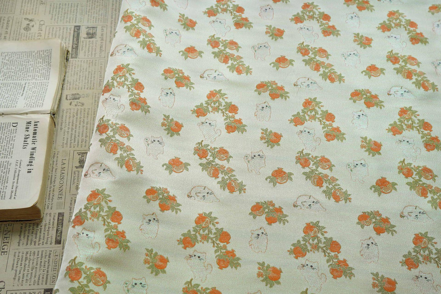 Pomegranate Cat Jacquard Fabric | Gold Thread Botanical Animal Woven Textile | Cute Cotton Dress Fabric By Yard, 59" Wide