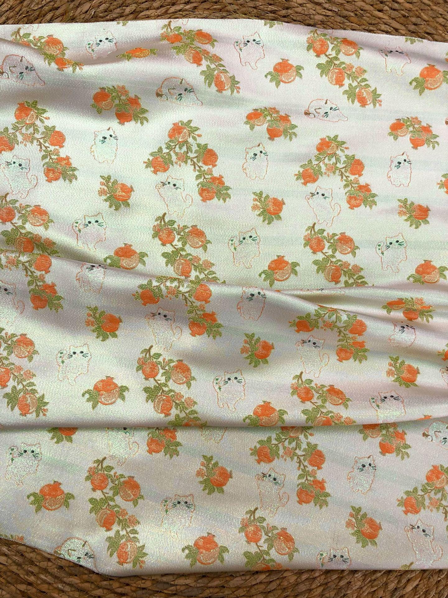 Pomegranate Cat Jacquard Fabric | Gold Thread Botanical Animal Woven Textile | Cute Cotton Dress Fabric By Yard, 59" Wide