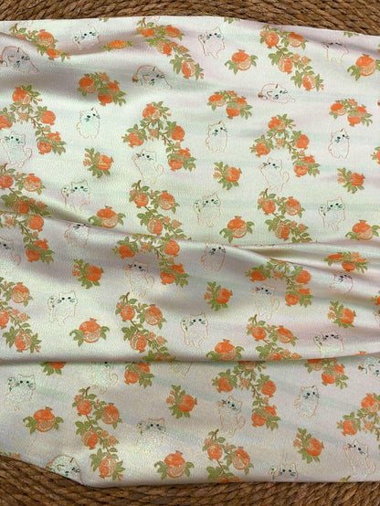 Pomegranate Cat Jacquard Fabric | Gold Thread Botanical Animal Woven Textile | Cute Cotton Dress Fabric By Yard, 59" Wide
