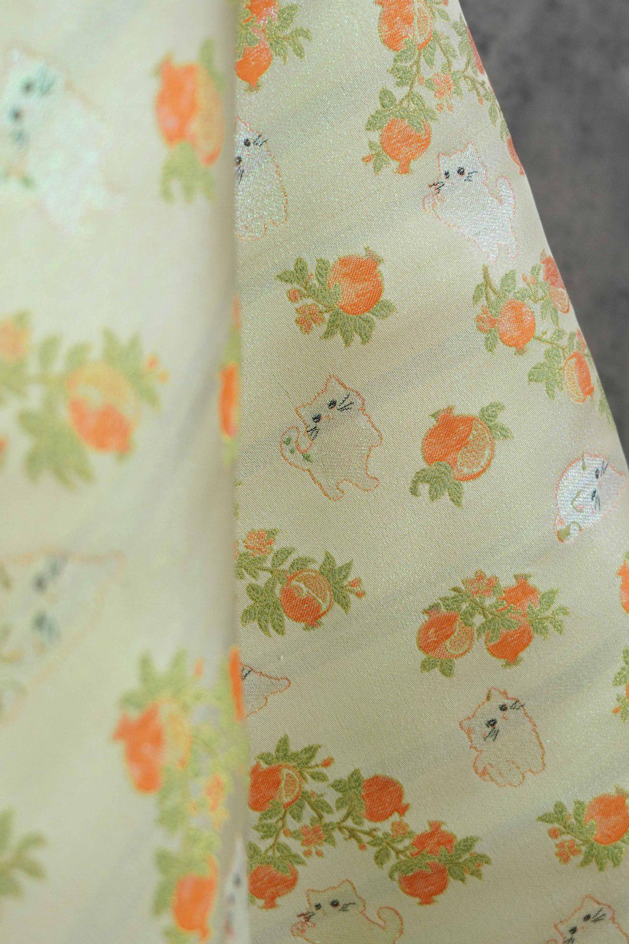 Pomegranate Cat Jacquard Fabric | Gold Thread Botanical Animal Woven Textile | Cute Cotton Dress Fabric By Yard, 59" Wide