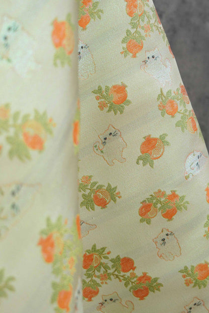 Pomegranate Cat Jacquard Fabric | Gold Thread Botanical Animal Woven Textile | Cute Cotton Dress Fabric By Yard, 59" Wide