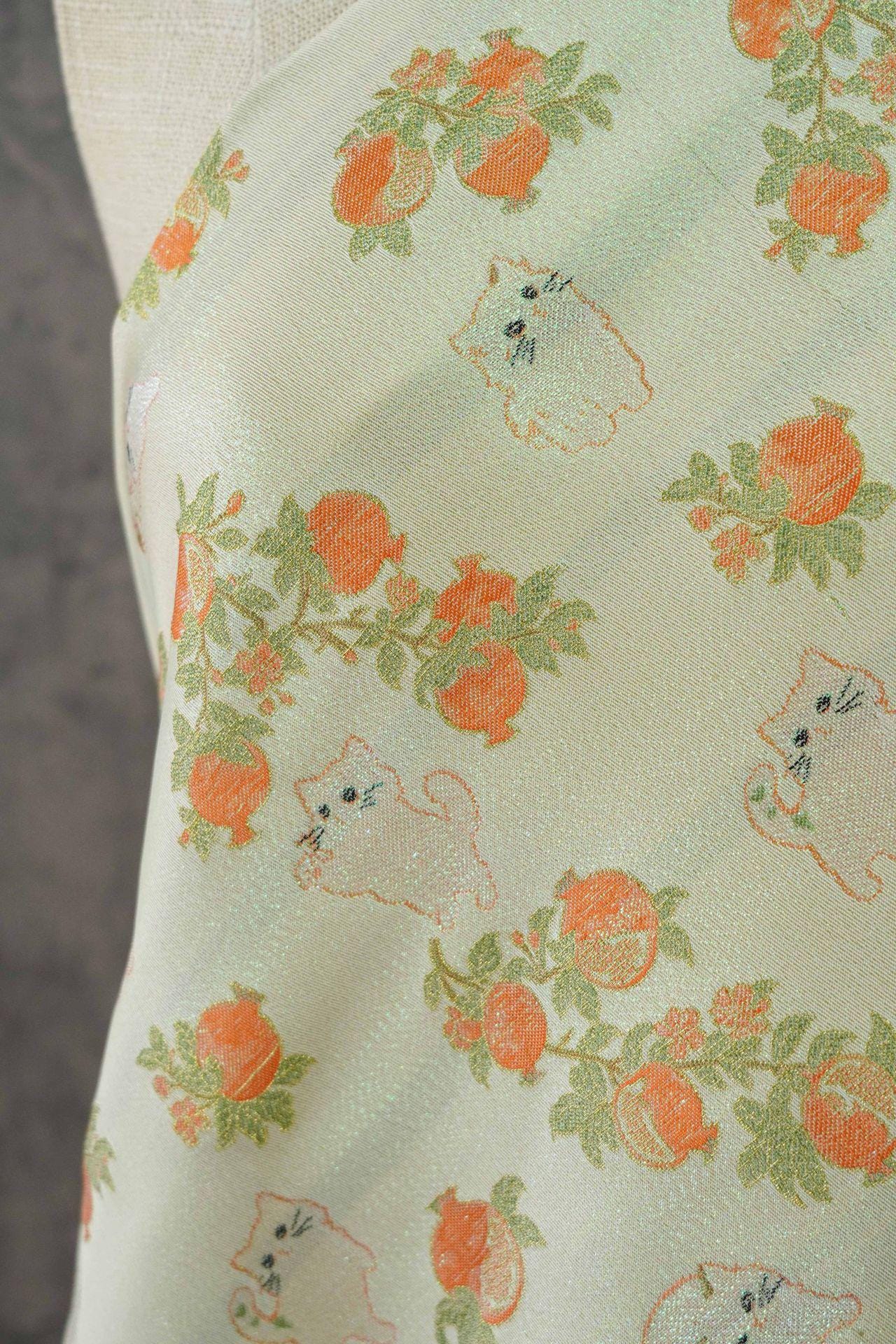 Pomegranate Cat Jacquard Fabric | Gold Thread Botanical Animal Woven Textile | Cute Cotton Dress Fabric By Yard, 59" Wide