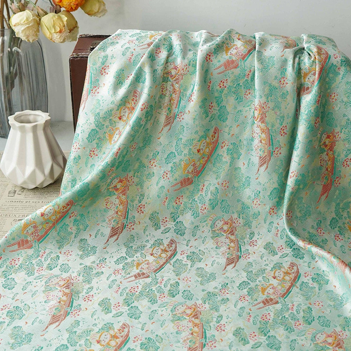 Chinese Song Brocade Jacquard Fabric | Gold Thread Rabbit Lotus Pattern Textile | Traditional Woven Fabric By Yard, 59" Wide