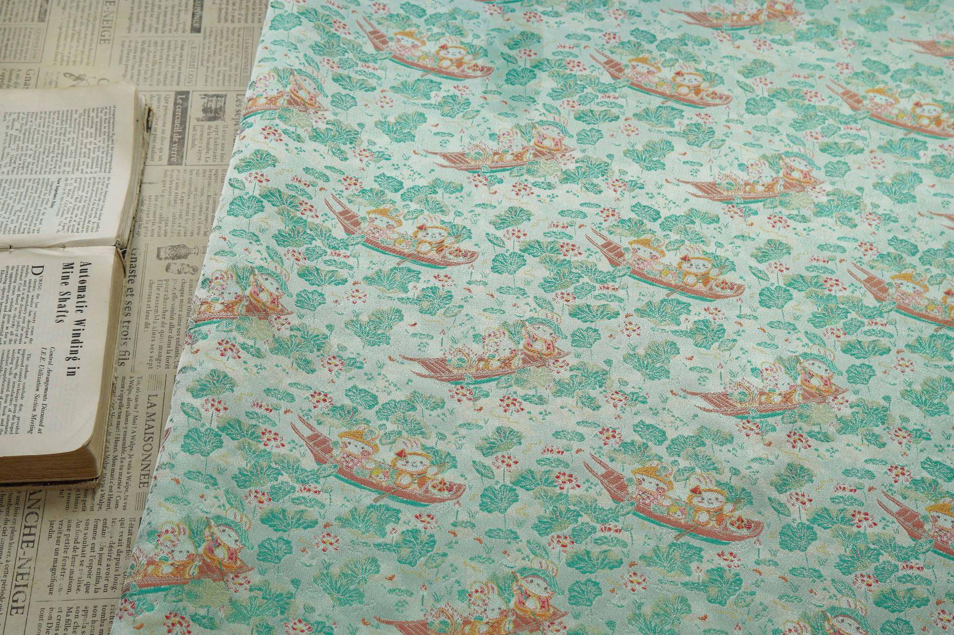 Chinese Song Brocade Jacquard Fabric | Gold Thread Rabbit Lotus Pattern Textile | Traditional Woven Fabric By Yard, 59" Wide