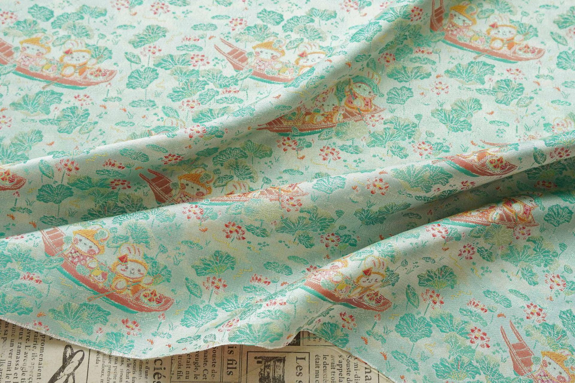 Chinese Song Brocade Jacquard Fabric | Gold Thread Rabbit Lotus Pattern Textile | Traditional Woven Fabric By Yard, 59" Wide