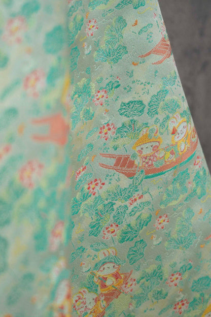 Chinese Song Brocade Jacquard Fabric | Gold Thread Rabbit Lotus Pattern Textile | Traditional Woven Fabric By Yard, 59" Wide