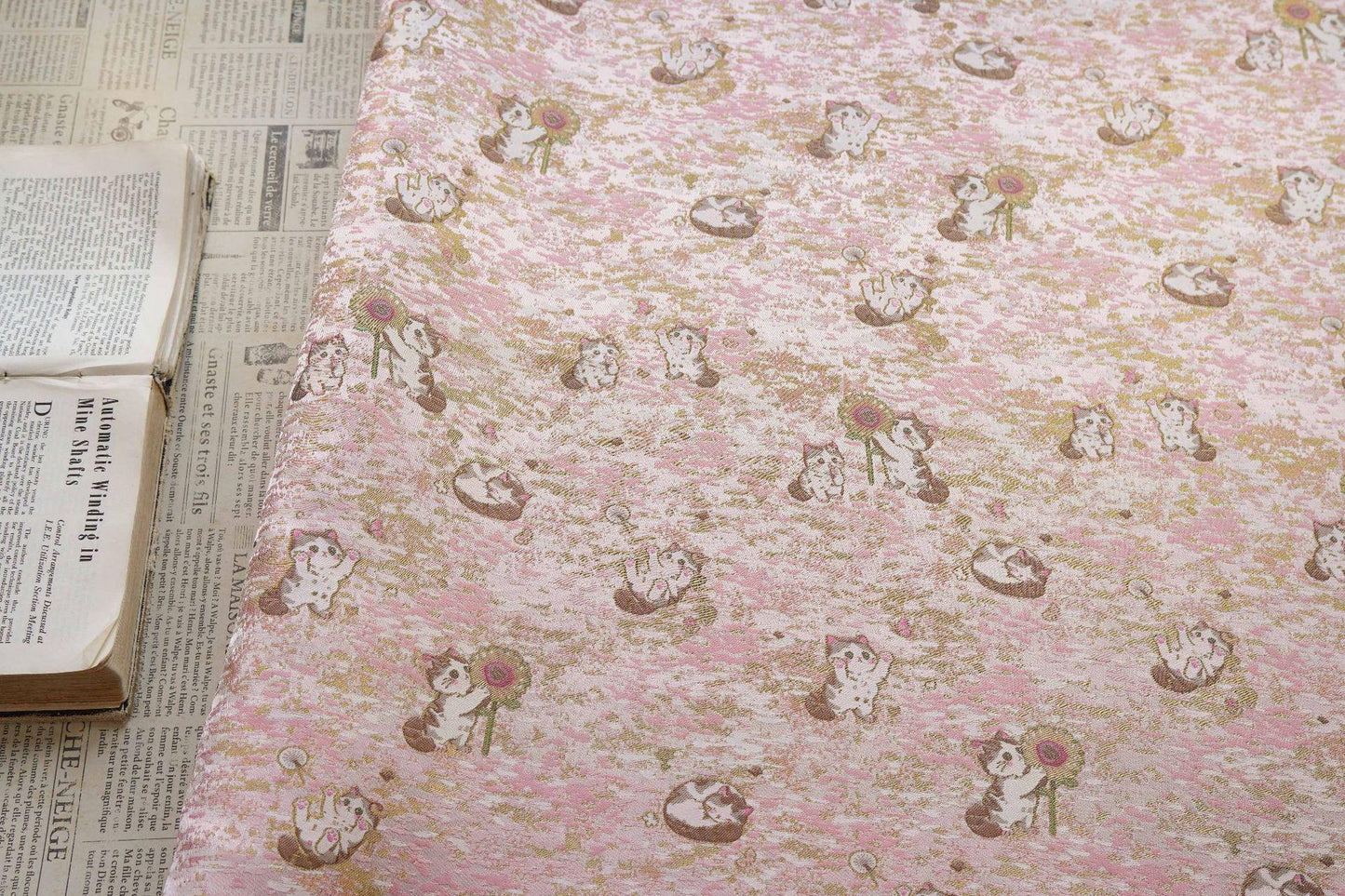 Song Brocade Jacquard Fabric | Gold Thread Cat Sunflower Pattern Textile | Chinese Inspired Woven Fabric By Yard, 59" Wide