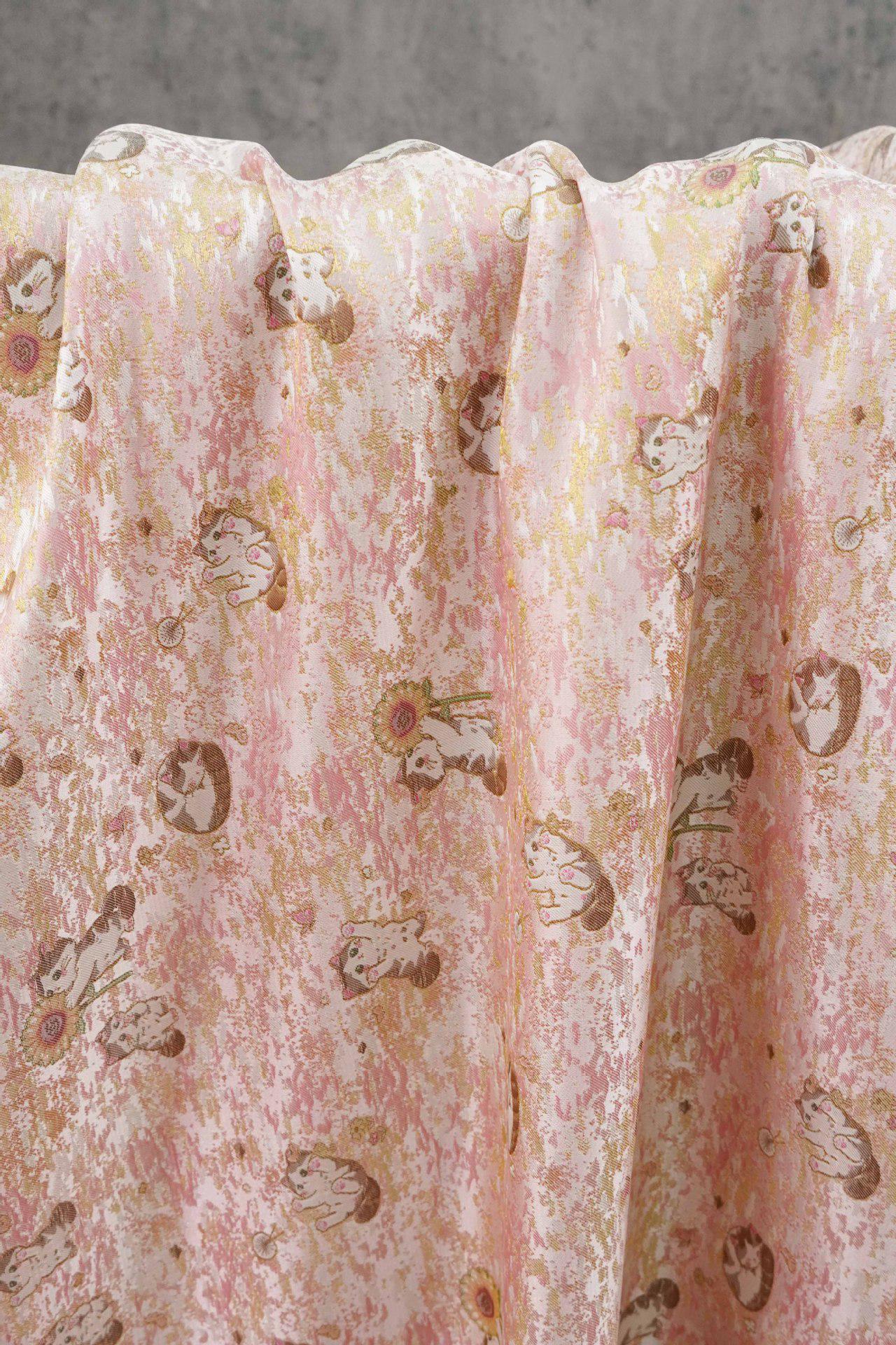 Song Brocade Jacquard Fabric | Gold Thread Cat Sunflower Pattern Textile | Chinese Inspired Woven Fabric By Yard, 59" Wide