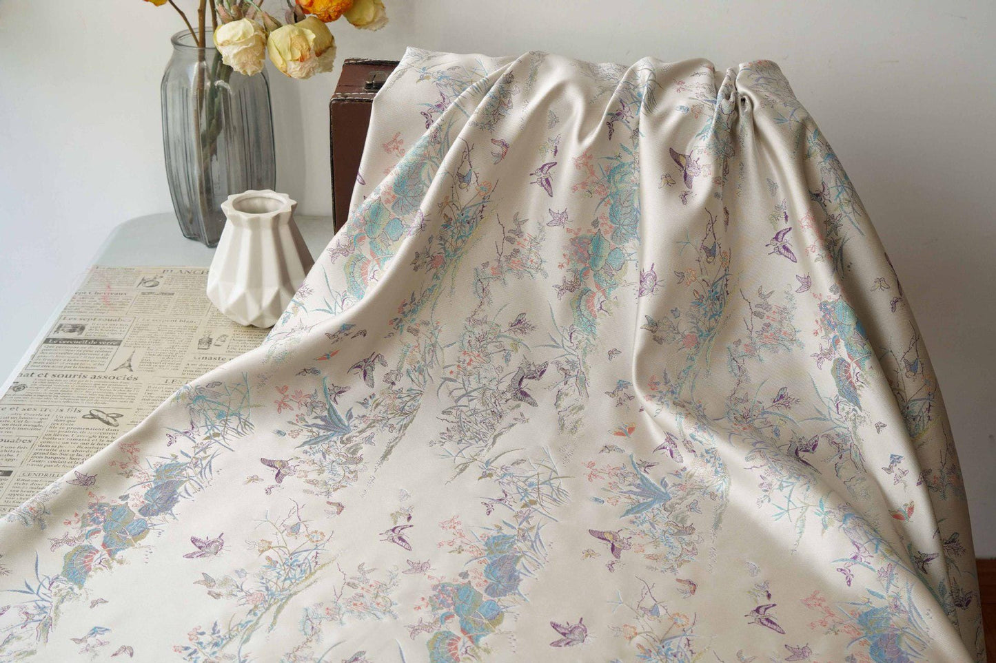 Light Apricot Butterfly Botanical Song Brocade Fabric, Chinese Jacquard Textile for Qipao, Hanfu, Dresses, Bags and Sewing