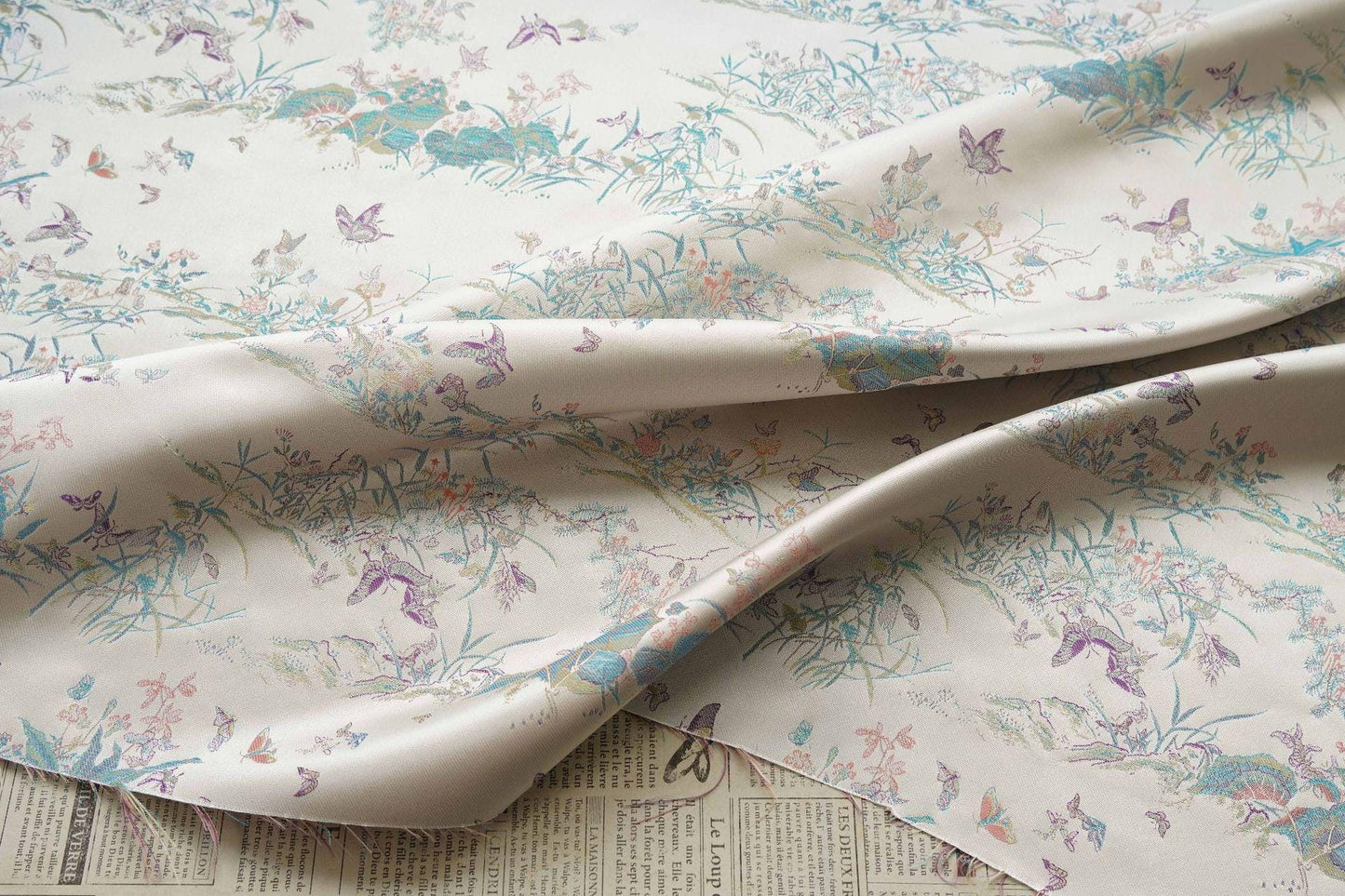 Light Apricot Butterfly Botanical Song Brocade Fabric, Chinese Jacquard Textile for Qipao, Hanfu, Dresses, Bags and Sewing