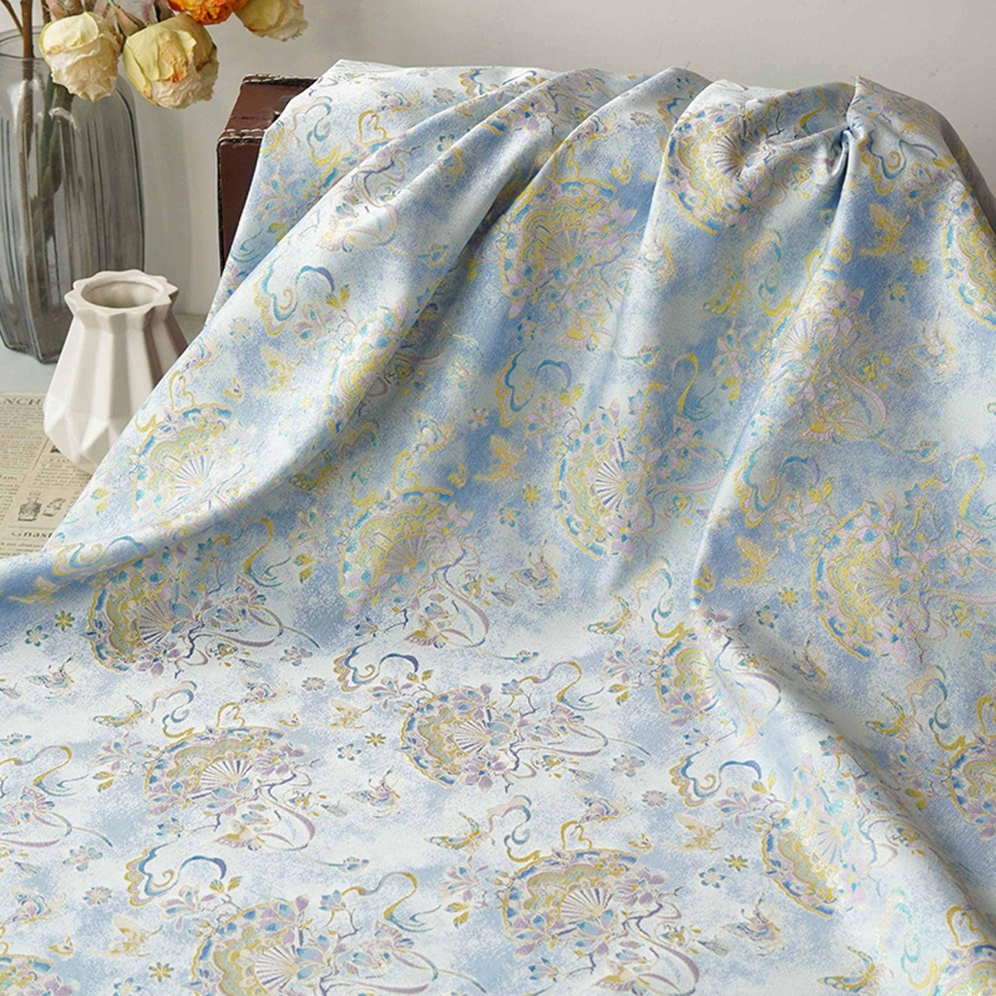 Light Blue Magnolia Butterfly Song Brocade Fabric, Gold Thread Jacquard with Fan Motif for Qipao, Hanfu, Dresses, Bags and Sewing