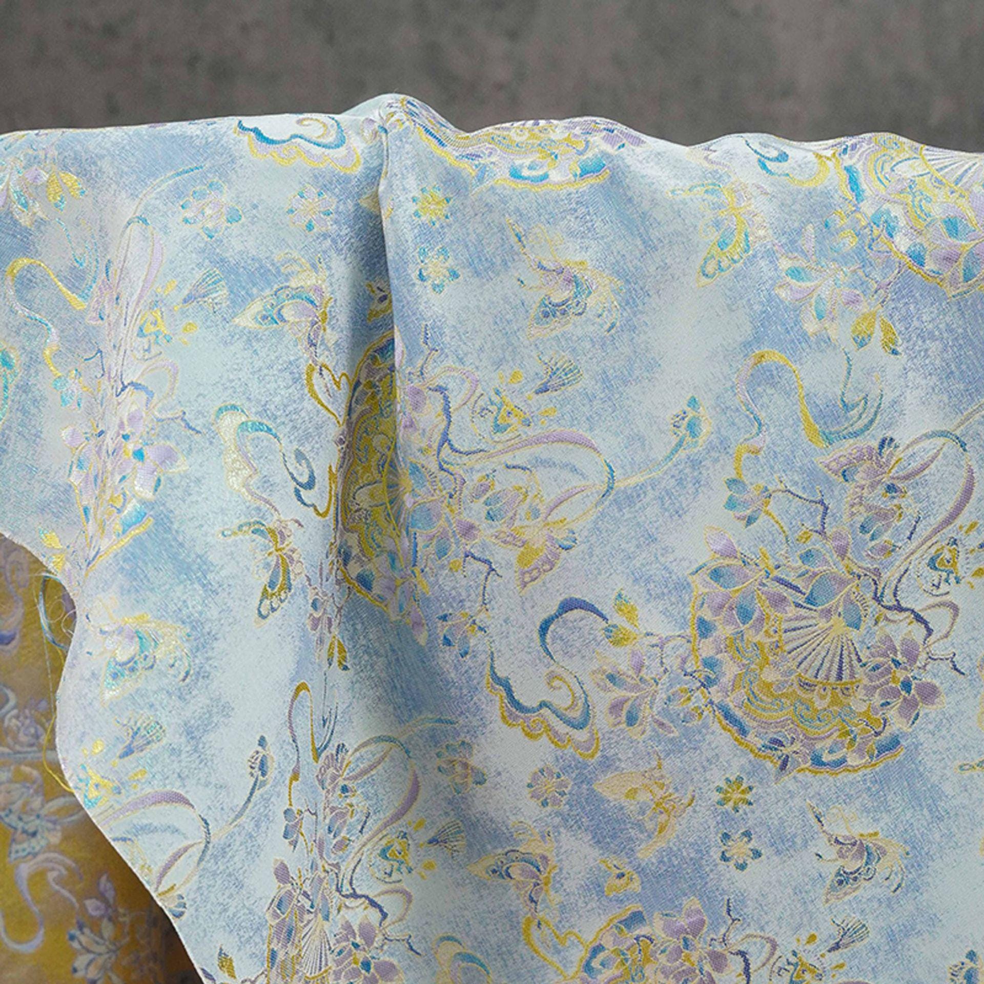 Light Blue Magnolia Butterfly Song Brocade Fabric, Gold Thread Jacquard with Fan Motif for Qipao, Hanfu, Dresses, Bags and Sewing