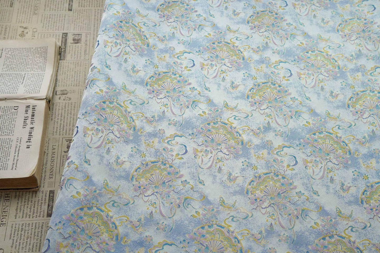 Light Blue Magnolia Butterfly Song Brocade Fabric, Gold Thread Jacquard with Fan Motif for Qipao, Hanfu, Dresses, Bags and Sewing