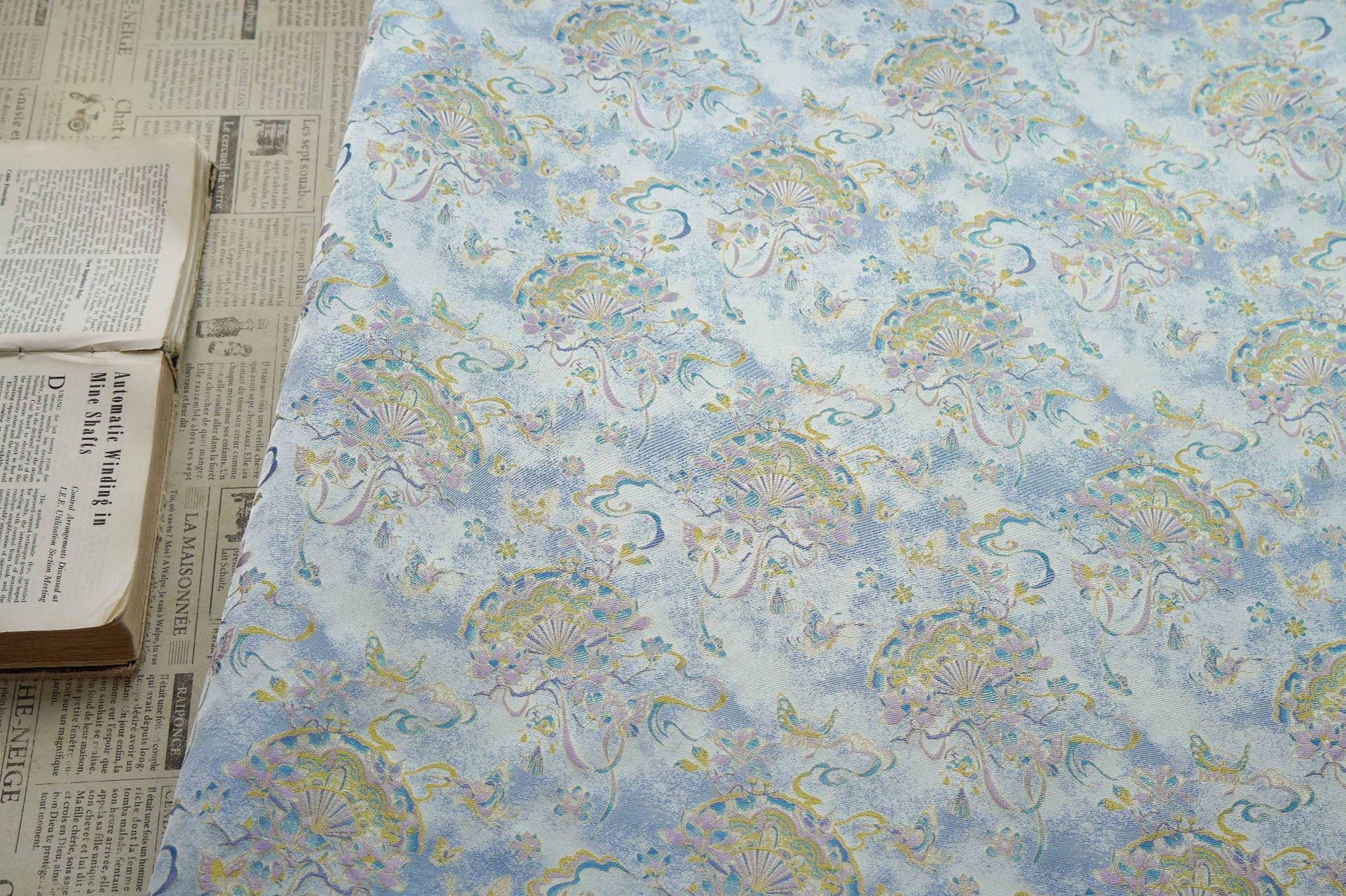 Light Blue Magnolia Butterfly Song Brocade Fabric, Gold Thread Jacquard with Fan Motif for Qipao, Hanfu, Dresses, Bags and Sewing