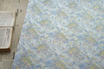 Light Blue Magnolia Butterfly Song Brocade Fabric, Gold Thread Jacquard with Fan Motif for Qipao, Hanfu, Dresses, Bags and Sewing