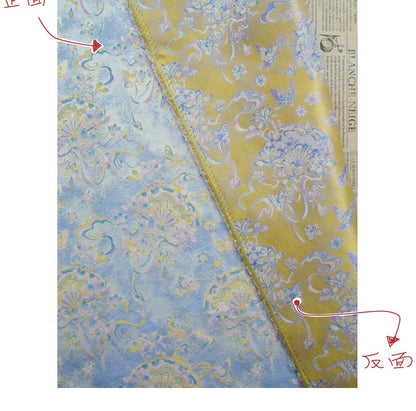 Light Blue Magnolia Butterfly Song Brocade Fabric, Gold Thread Jacquard with Fan Motif for Qipao, Hanfu, Dresses, Bags and Sewing