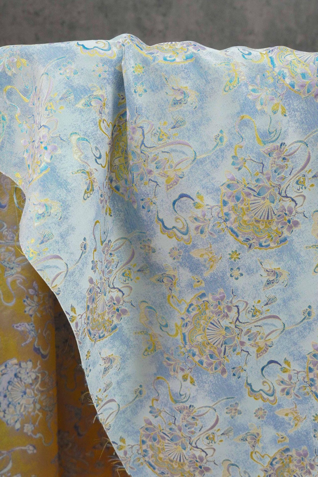 Light Blue Magnolia Butterfly Song Brocade Fabric, Gold Thread Jacquard with Fan Motif for Qipao, Hanfu, Dresses, Bags and Sewing