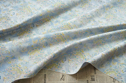 Light Blue Magnolia Butterfly Song Brocade Fabric, Gold Thread Jacquard with Fan Motif for Qipao, Hanfu, Dresses, Bags and Sewing