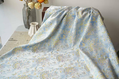 Light Blue Magnolia Butterfly Song Brocade Fabric, Gold Thread Jacquard with Fan Motif for Qipao, Hanfu, Dresses, Bags and Sewing