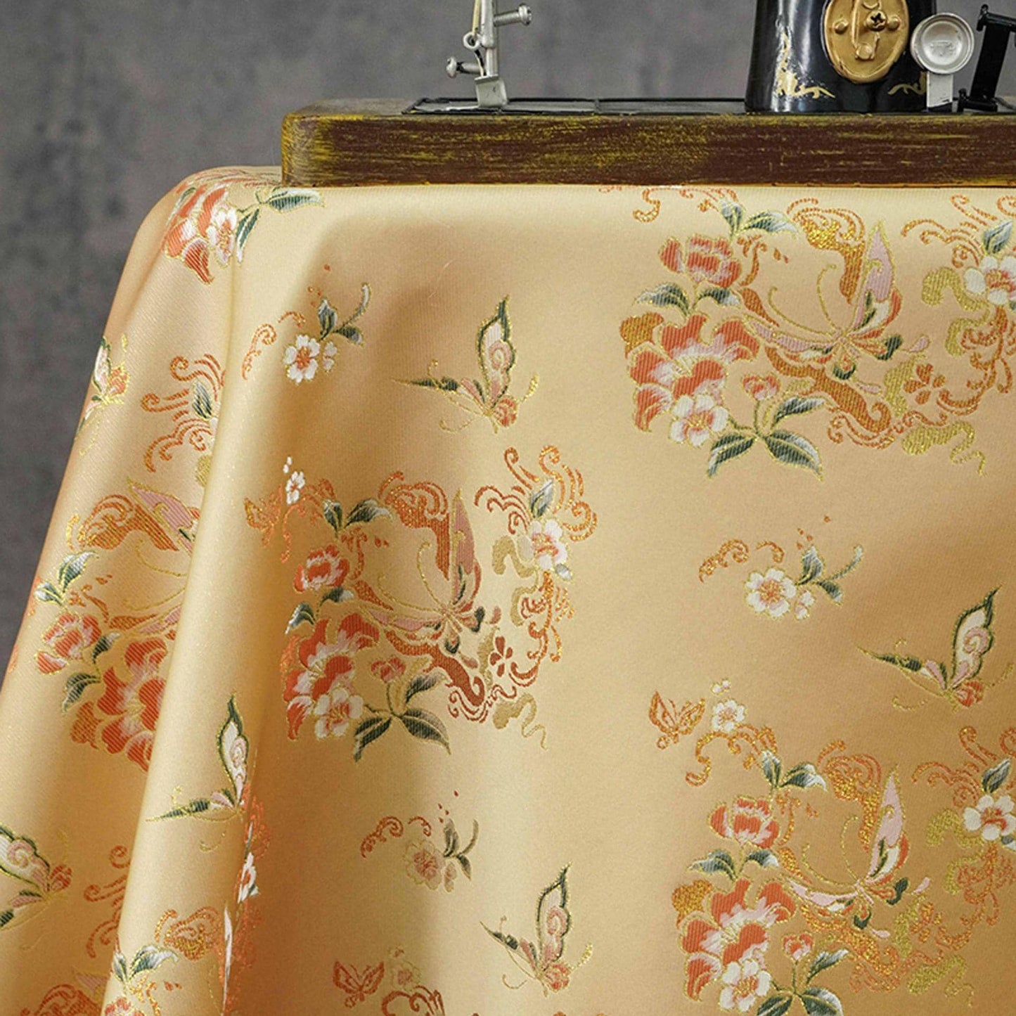 Golden Butterfly Floral Song Brocade Fabric, Gold Thread Jacquard Textile for Qipao, Hanfu, Bags, Decor and Sewing