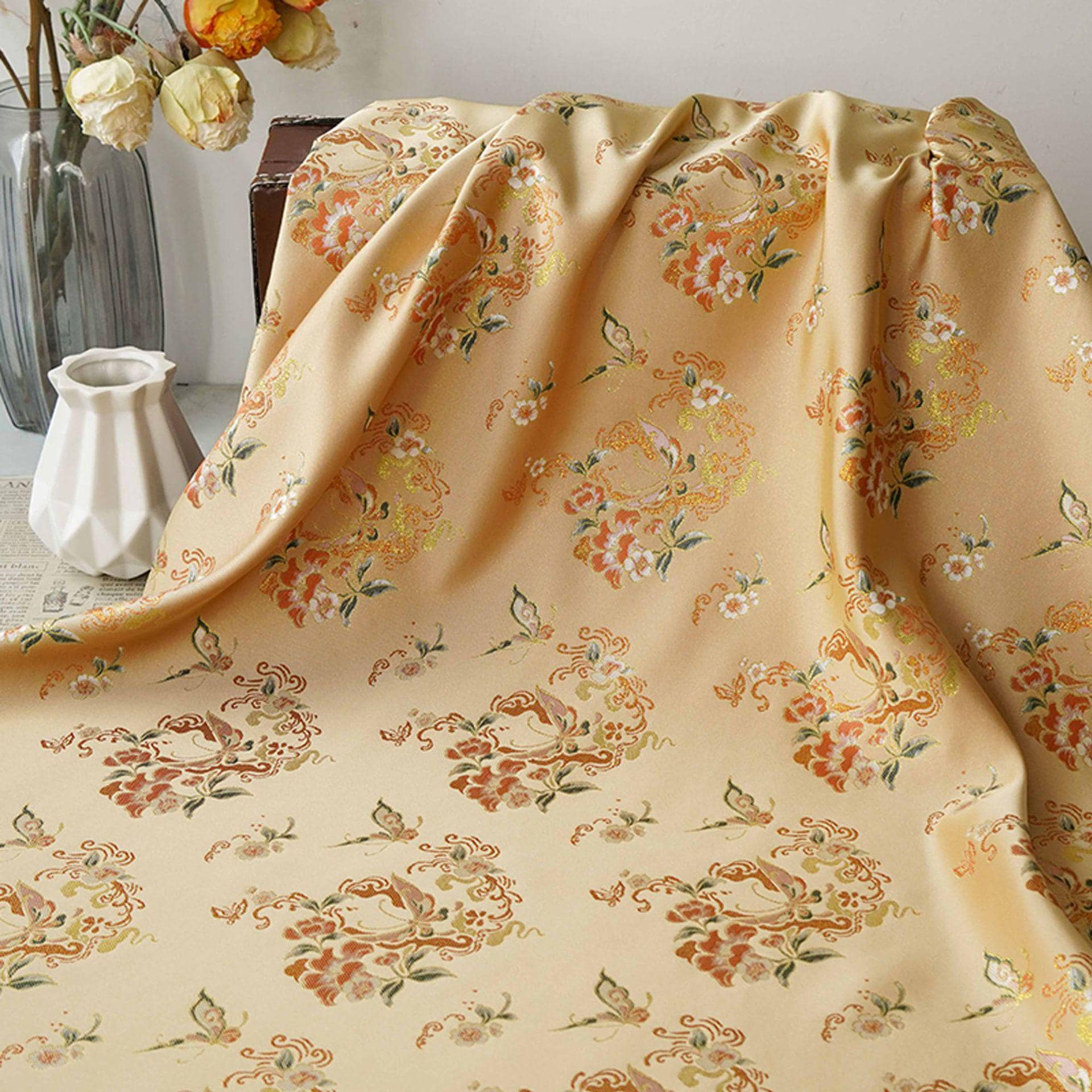 Golden Butterfly Floral Song Brocade Fabric, Gold Thread Jacquard Textile for Qipao, Hanfu, Bags, Decor and Sewing