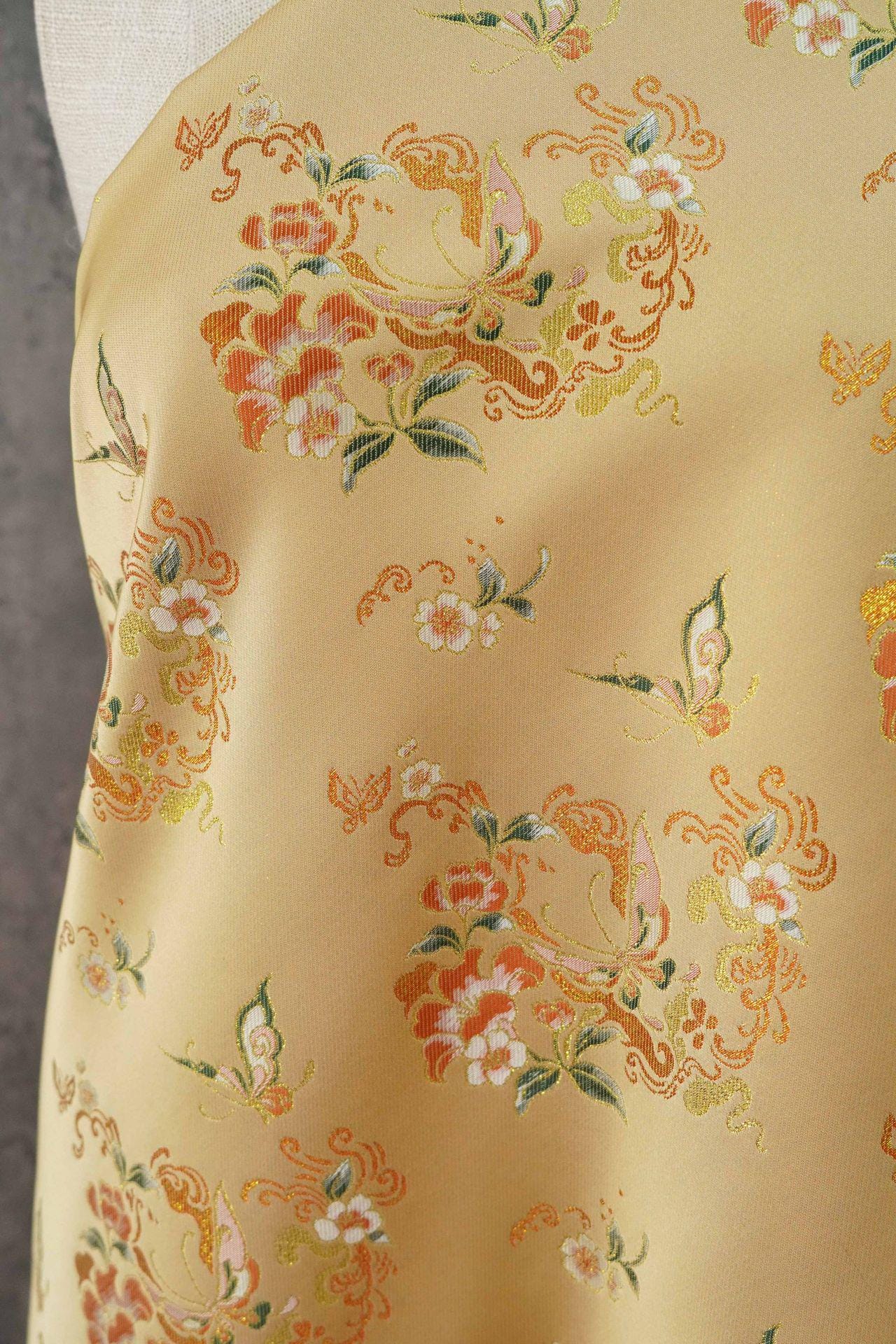 Golden Butterfly Floral Song Brocade Fabric, Gold Thread Jacquard Textile for Qipao, Hanfu, Bags, Decor and Sewing