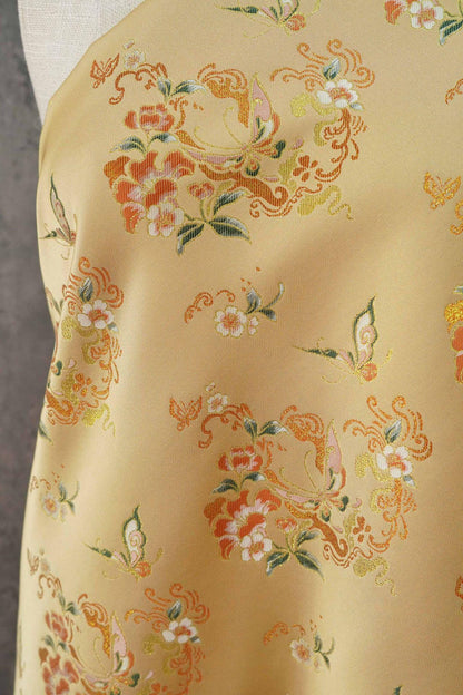 Golden Butterfly Floral Song Brocade Fabric, Gold Thread Jacquard Textile for Qipao, Hanfu, Bags, Decor and Sewing