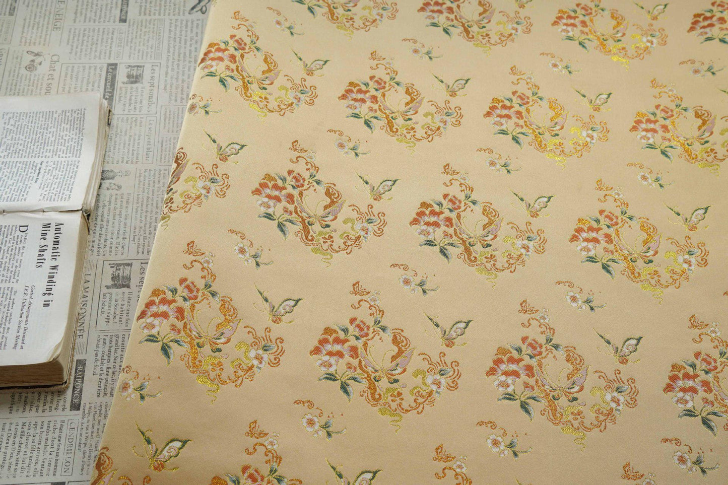 Golden Butterfly Floral Song Brocade Fabric, Gold Thread Jacquard Textile for Qipao, Hanfu, Bags, Decor and Sewing