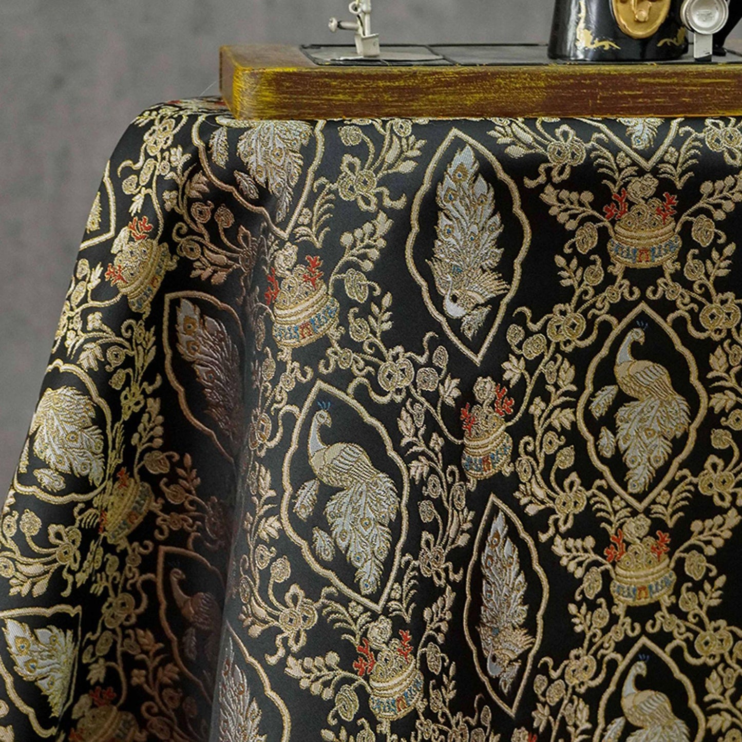Peacock Floral Gold Thread Jacquard Fabric, Black Brocade Decorative Textile for Qipao, Bags, Cushions, Crafts and Sewing