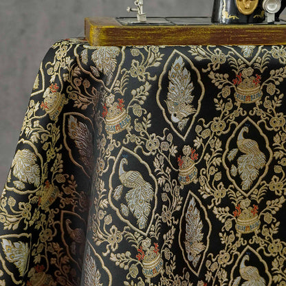 Peacock Floral Gold Thread Jacquard Fabric, Black Brocade Decorative Textile for Qipao, Bags, Cushions, Crafts and Sewing