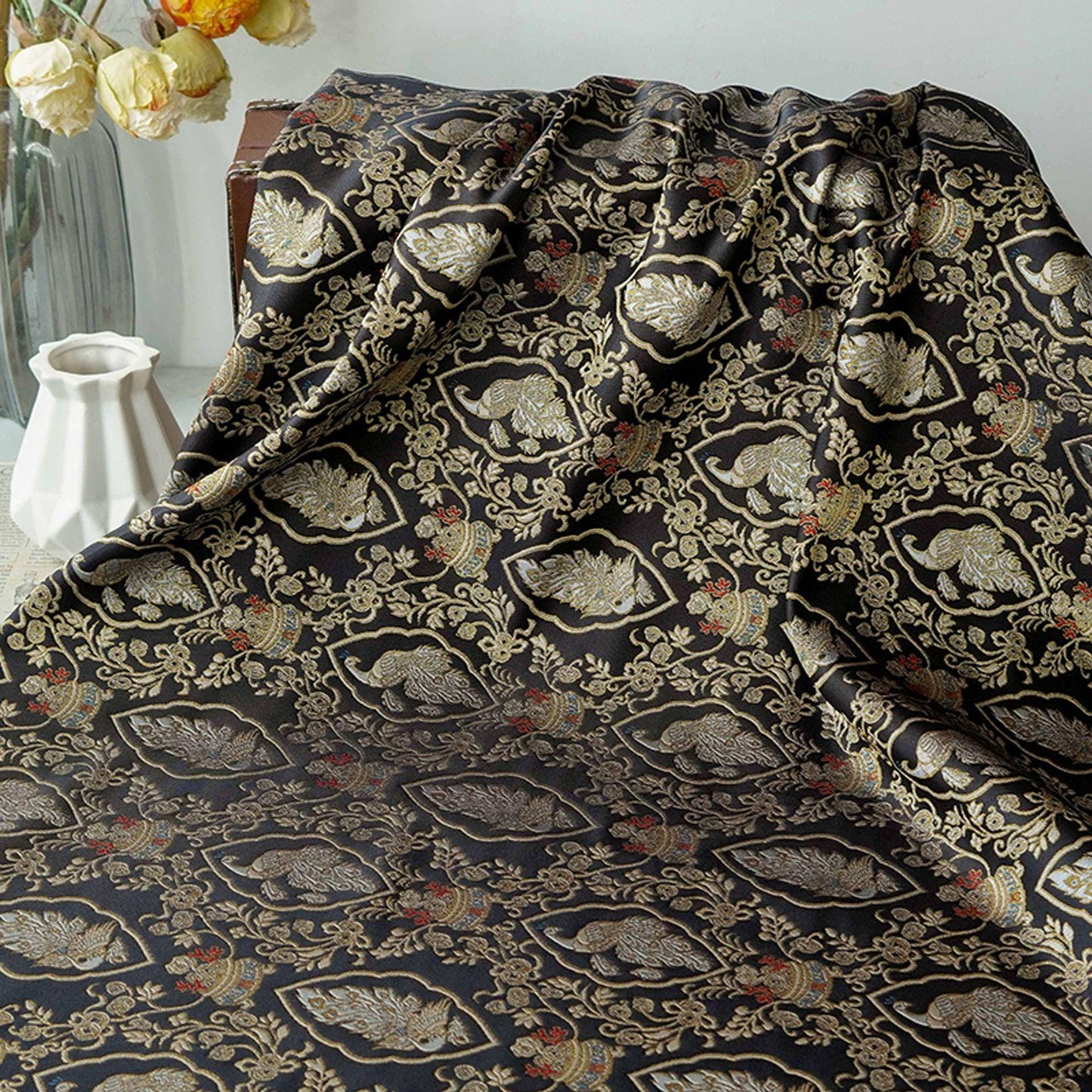 Peacock Floral Gold Thread Jacquard Fabric, Black Brocade Decorative Textile for Qipao, Bags, Cushions, Crafts and Sewing