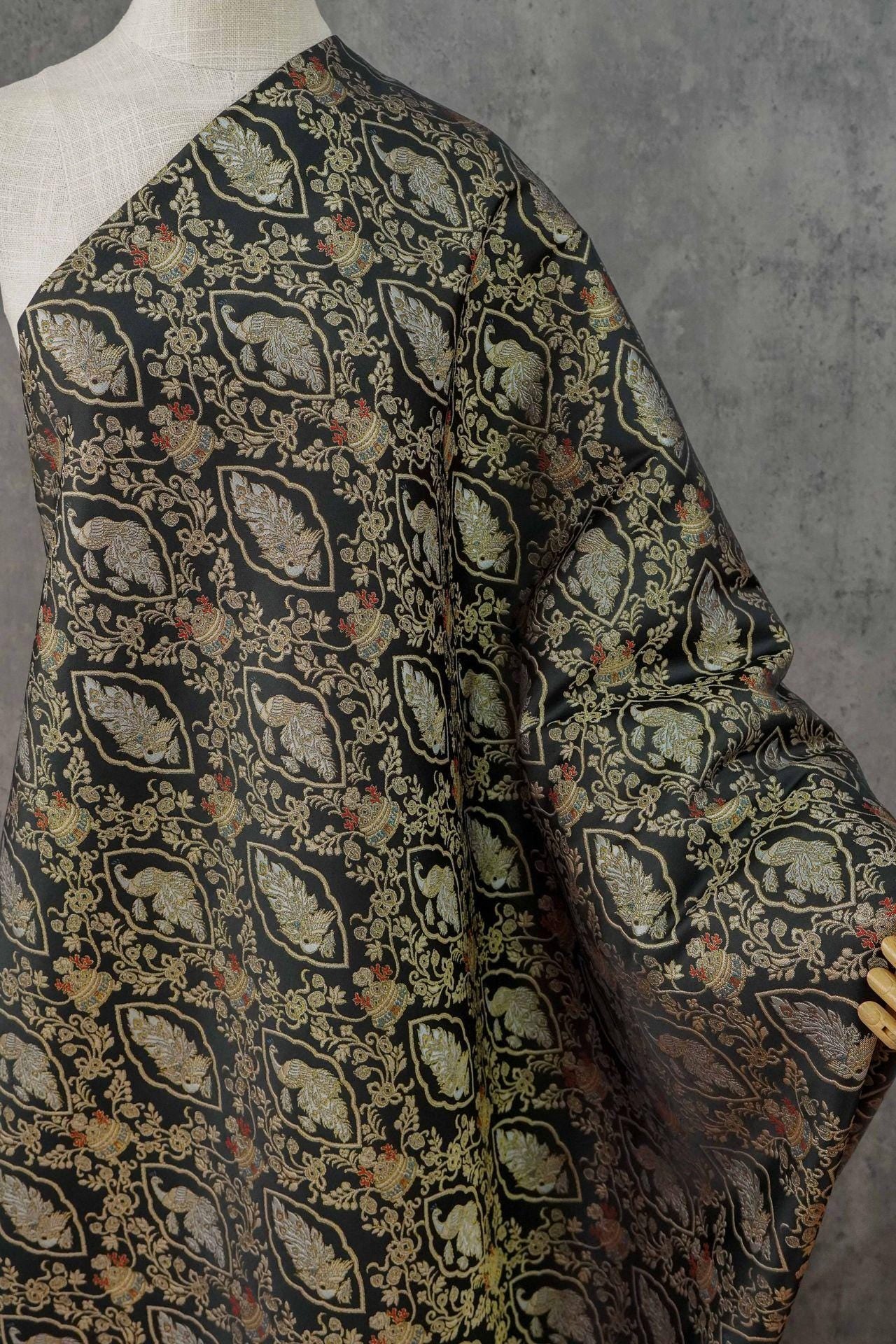 Peacock Floral Gold Thread Jacquard Fabric, Black Brocade Decorative Textile for Qipao, Bags, Cushions, Crafts and Sewing