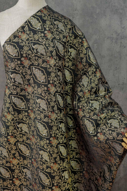 Peacock Floral Gold Thread Jacquard Fabric, Black Brocade Decorative Textile for Qipao, Bags, Cushions, Crafts and Sewing