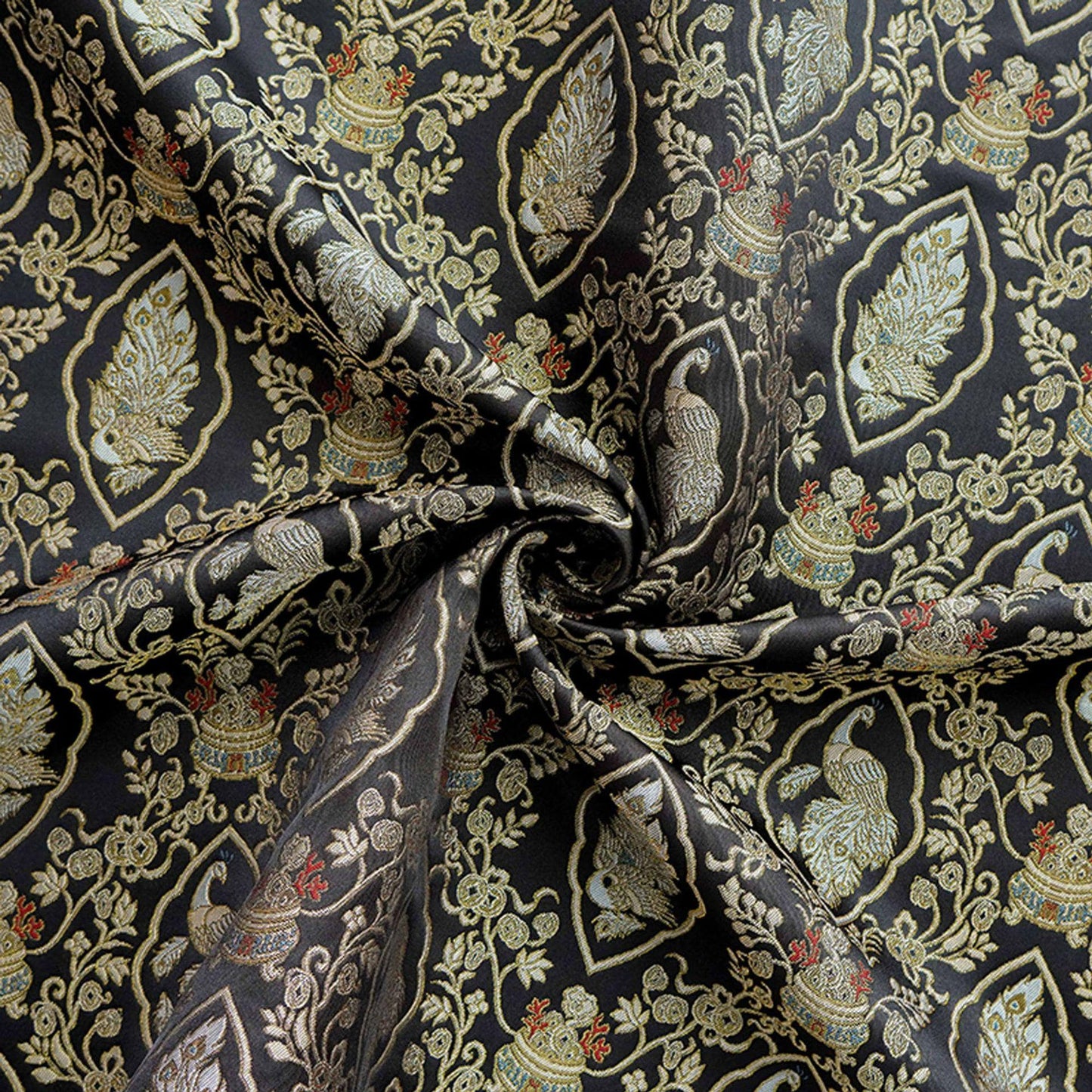 Peacock Floral Gold Thread Jacquard Fabric, Black Brocade Decorative Textile for Qipao, Bags, Cushions, Crafts and Sewing