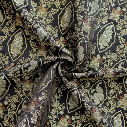 Peacock Floral Gold Thread Jacquard Fabric, Black Brocade Decorative Textile for Qipao, Bags, Cushions, Crafts and Sewing