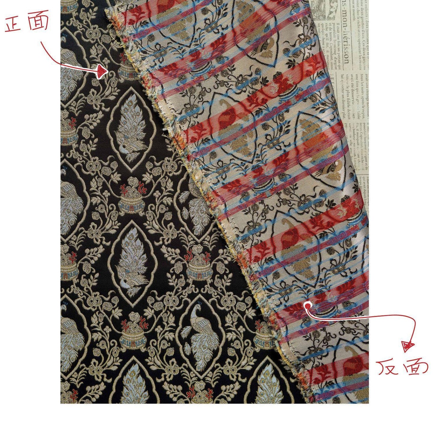 Peacock Floral Gold Thread Jacquard Fabric, Black Brocade Decorative Textile for Qipao, Bags, Cushions, Crafts and Sewing