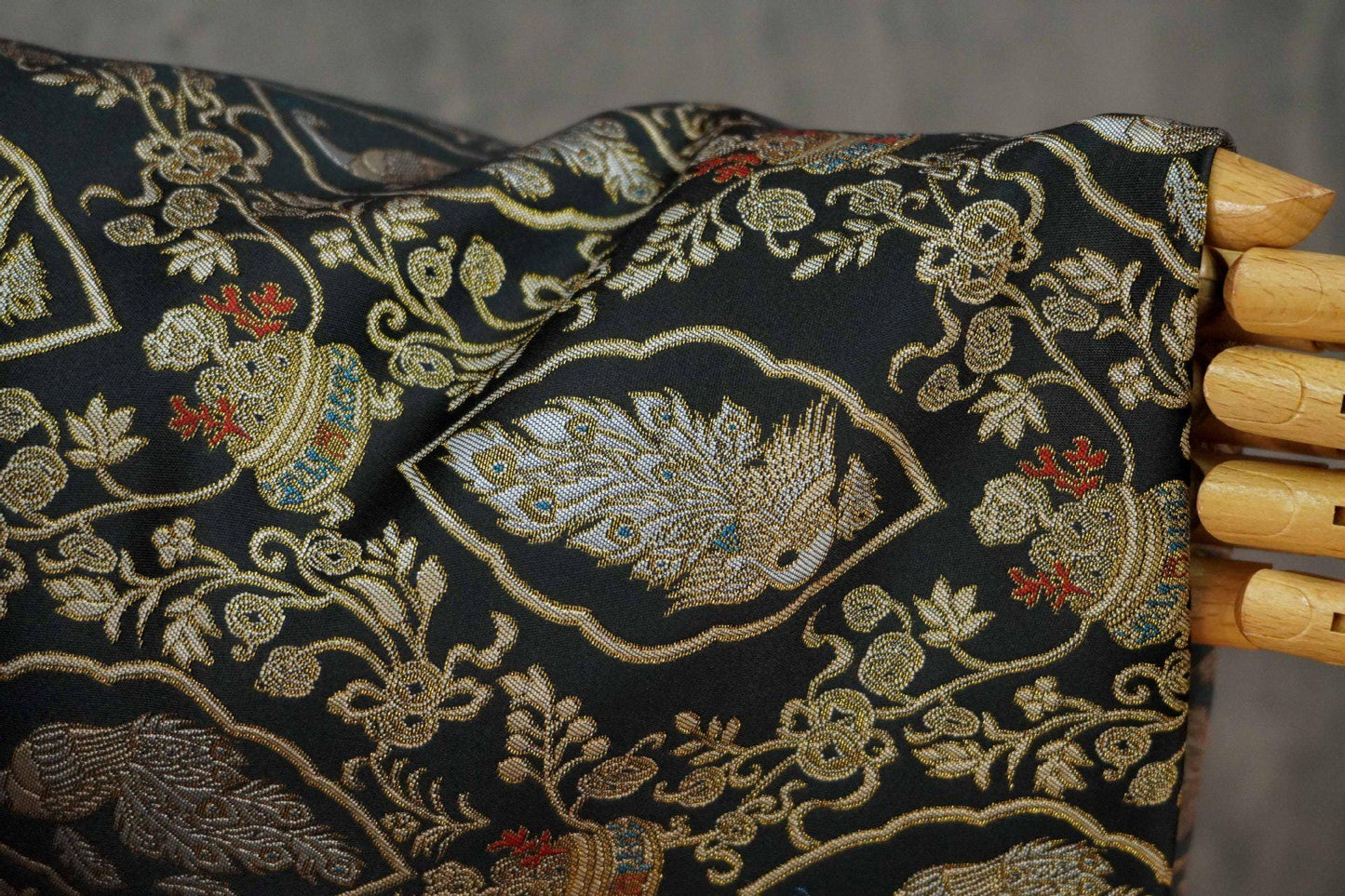 Peacock Floral Gold Thread Jacquard Fabric, Black Brocade Decorative Textile for Qipao, Bags, Cushions, Crafts and Sewing