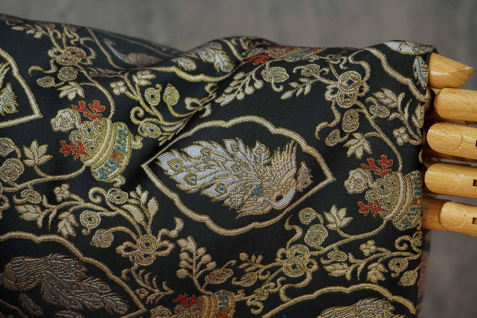 Peacock Floral Gold Thread Jacquard Fabric, Black Brocade Decorative Textile for Qipao, Bags, Cushions, Crafts and Sewing