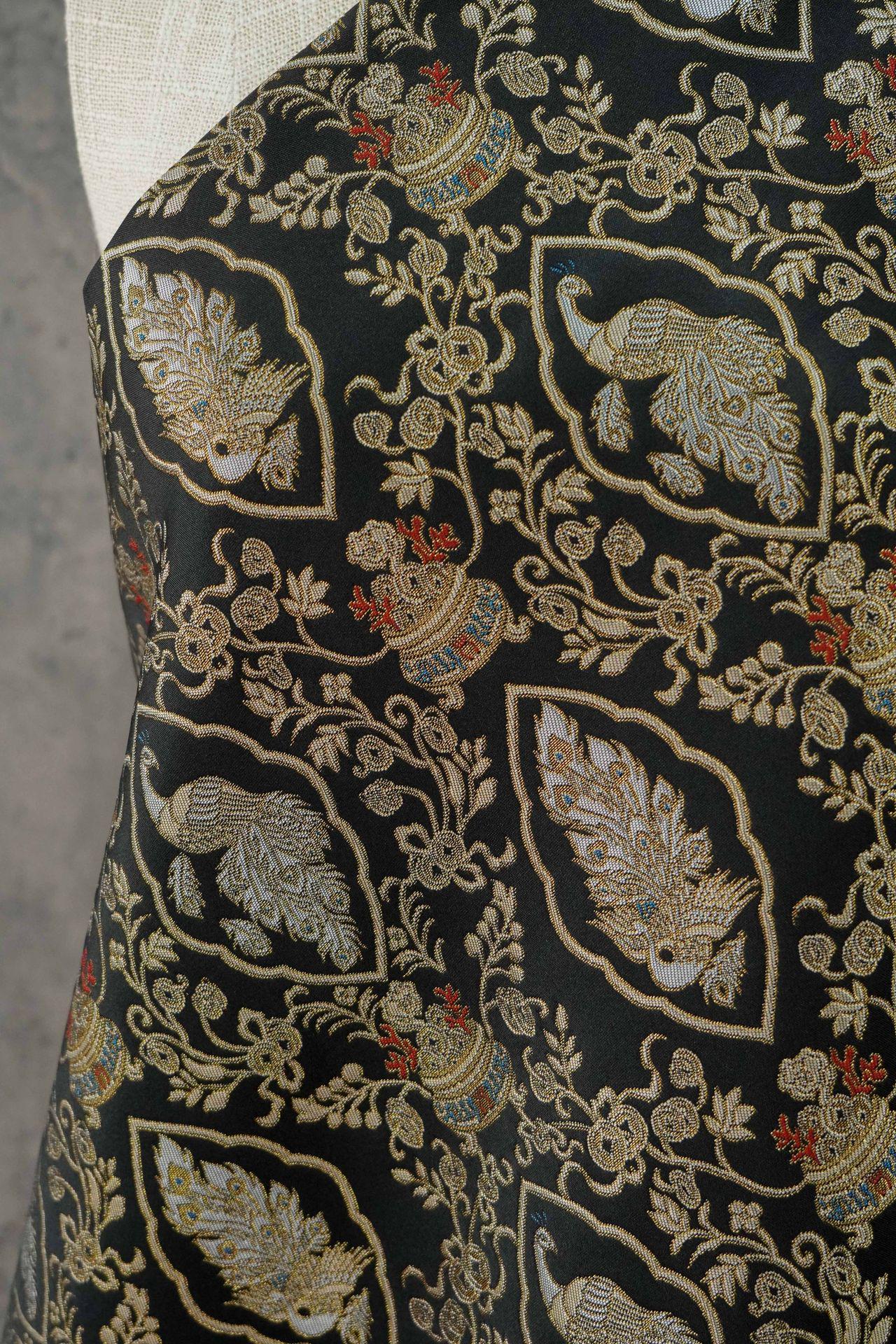 Peacock Floral Gold Thread Jacquard Fabric, Black Brocade Decorative Textile for Qipao, Bags, Cushions, Crafts and Sewing