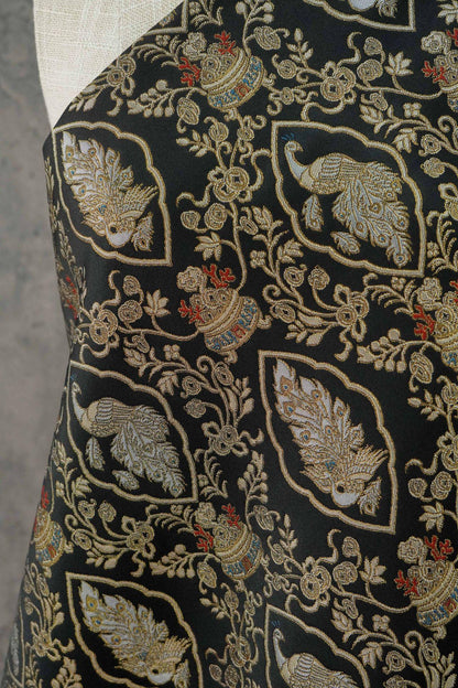 Peacock Floral Gold Thread Jacquard Fabric, Black Brocade Decorative Textile for Qipao, Bags, Cushions, Crafts and Sewing