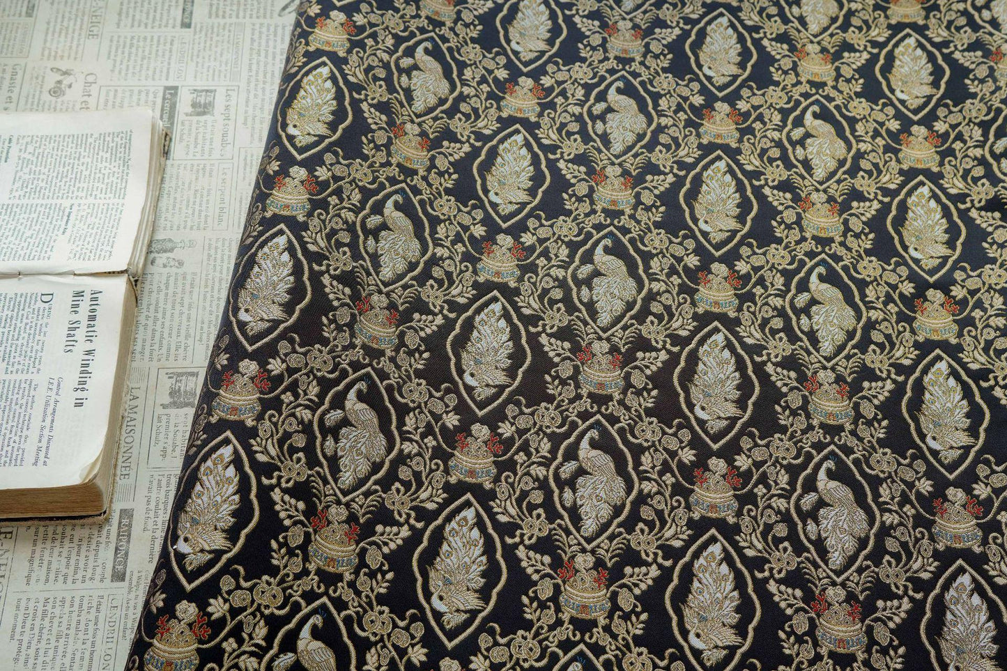Peacock Floral Gold Thread Jacquard Fabric, Black Brocade Decorative Textile for Qipao, Bags, Cushions, Crafts and Sewing